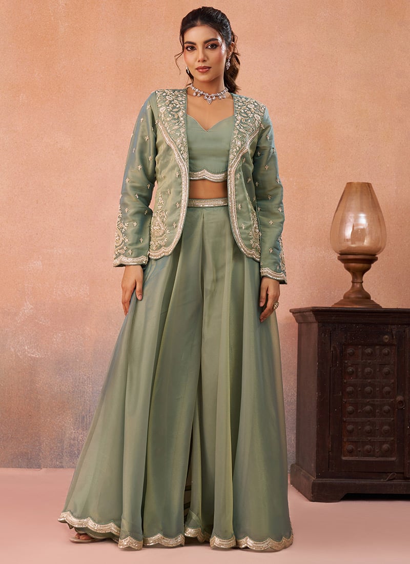 Sage Green Tissue Embroidered Sequins With Beads Work Jacket Palazzo Crop Top Set Wedding Wear
