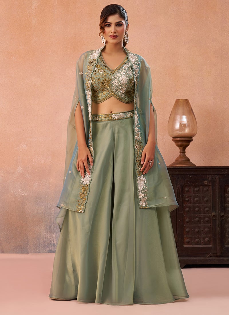 Sage Green Tissue Embroidered Sequins With Beads Work Jacket Palazzo Crop Top Set Wedding Wear
