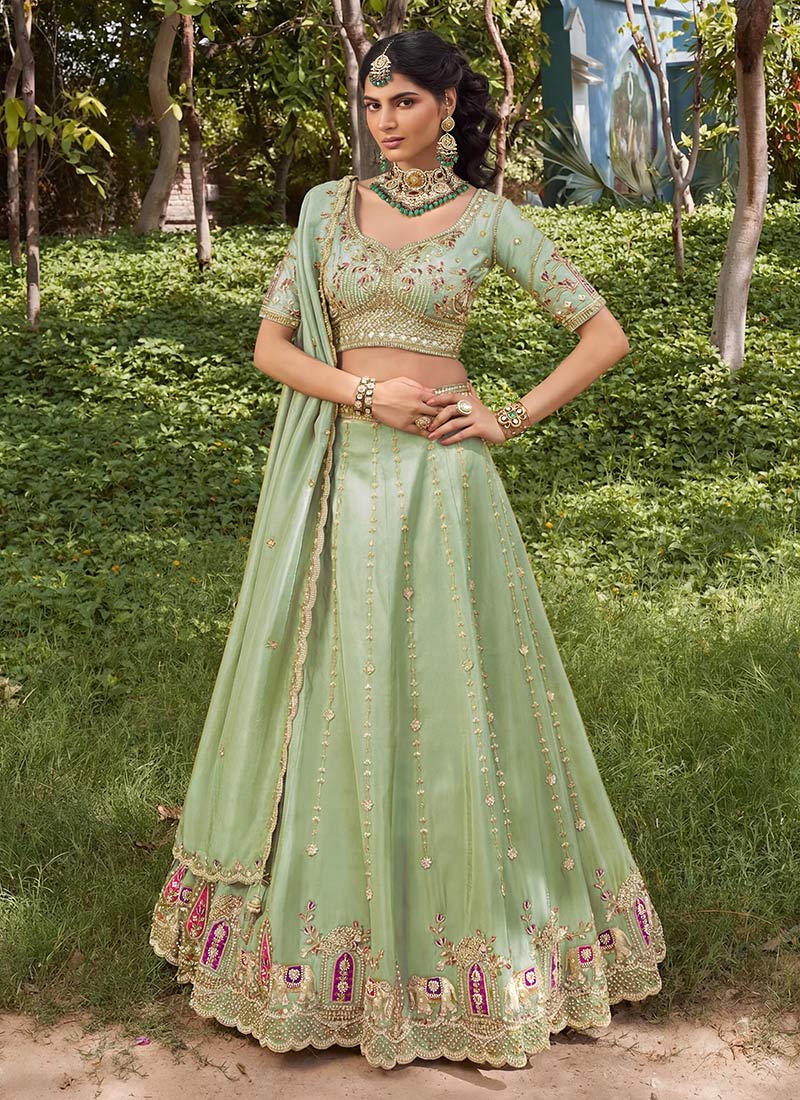 Sage Green Tissue Zari Embroidered Sequins Stones Beads Work Lehenga Wedding Wear