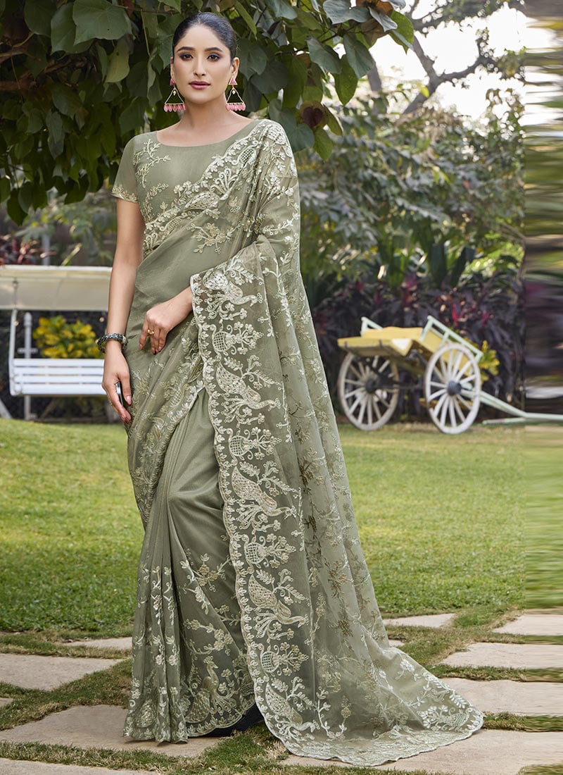 Sage Green Twill Net Embroidered Sequins Saree Festive Wear