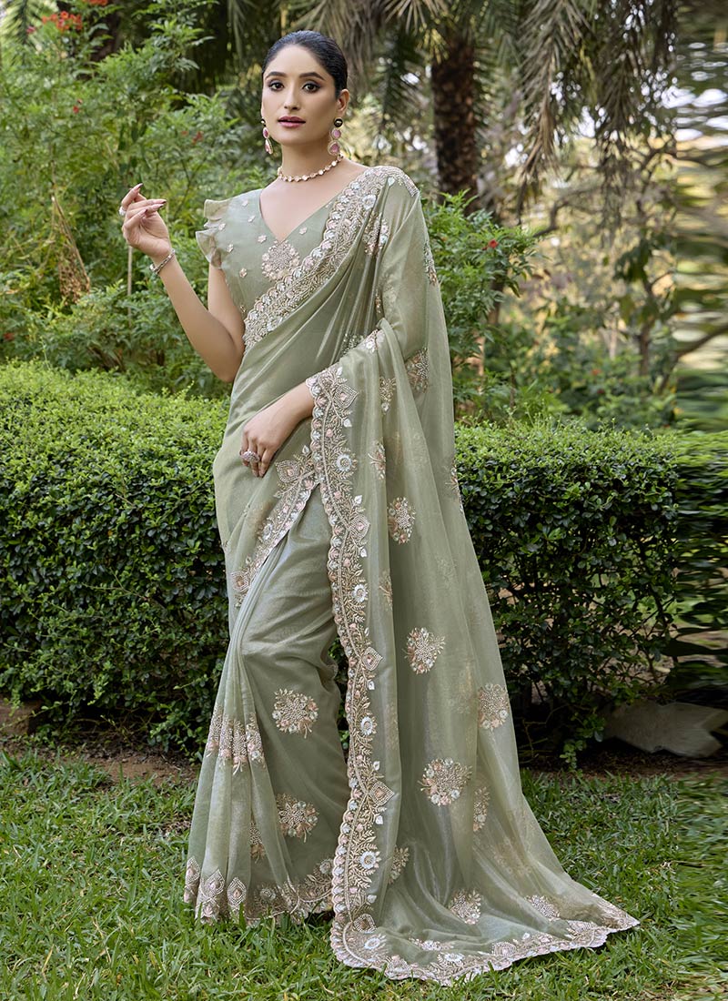 Sage Green Twill Net Zari Embroidered Stone Work Saree Festive Wear