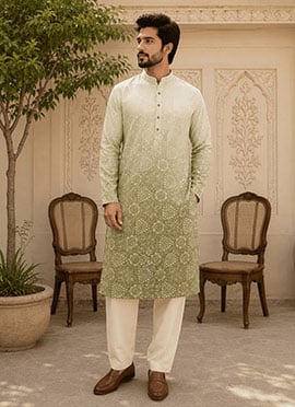 Sage Green Viscose Rayon Printed Kurta For Men
