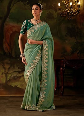 Sage Green Viscose Zari Tissue Heavy Embroidered Sequins Stone Saree