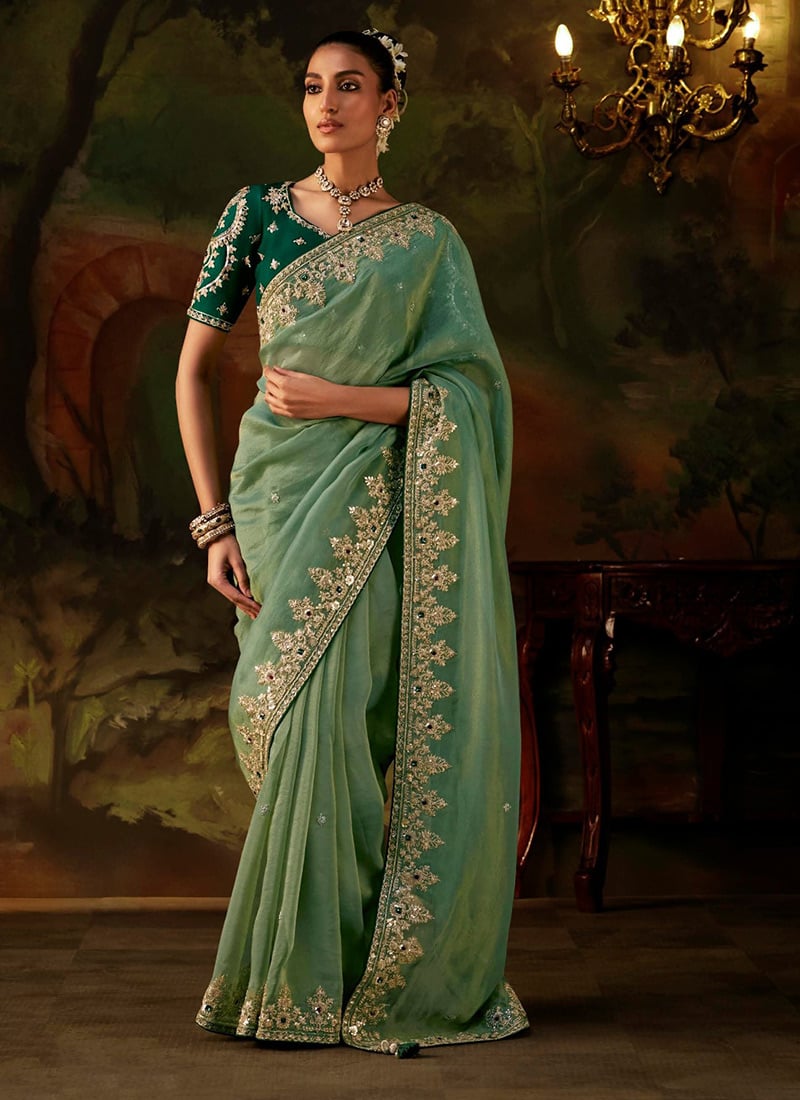 Sage Green Viscose Zari Tissue Heavy Embroidered Sequins Stone Saree Wedding Wear