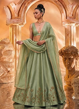 Sage Green Zardosi Resham Embroidered Lehenga Choli Wedding Wear
