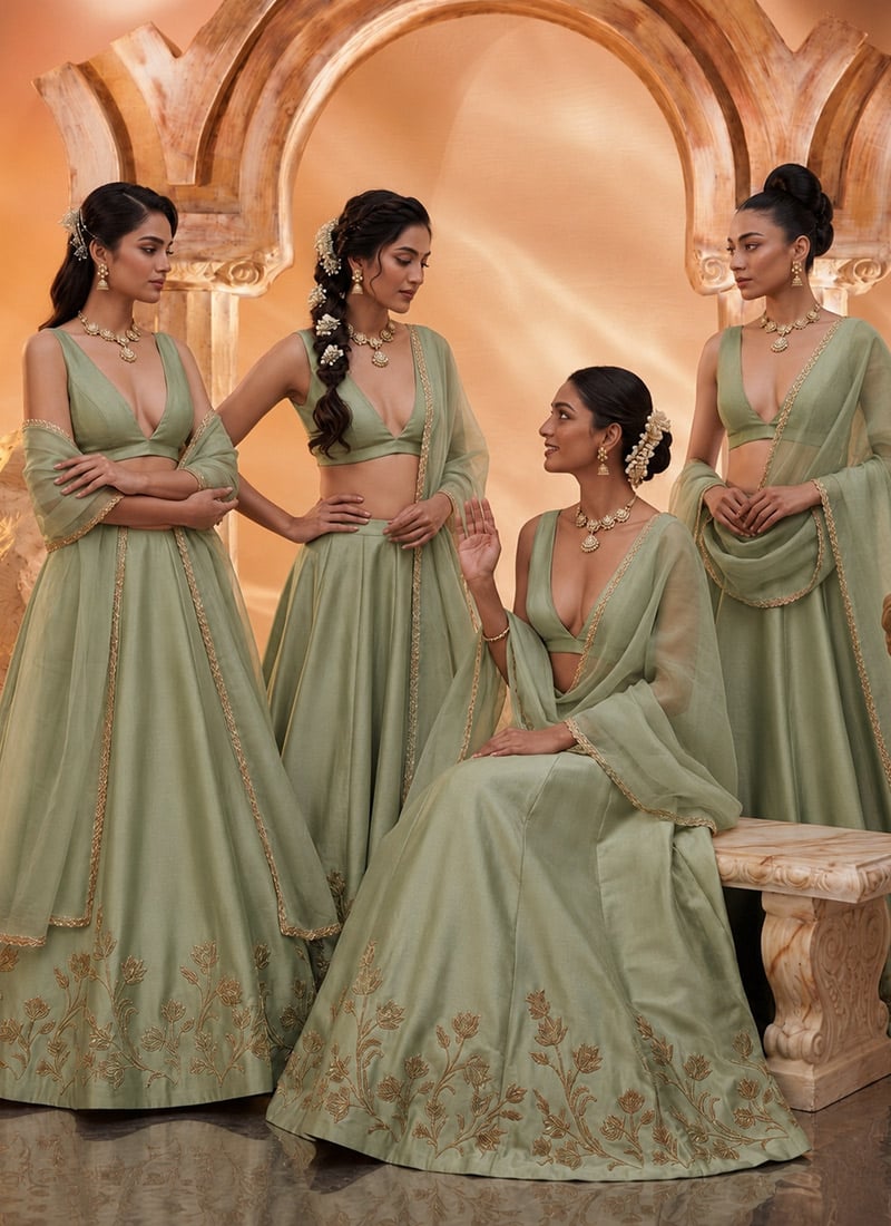 Sage Green Zardosi Resham Embroidered Lehenga Choli Wedding Wear