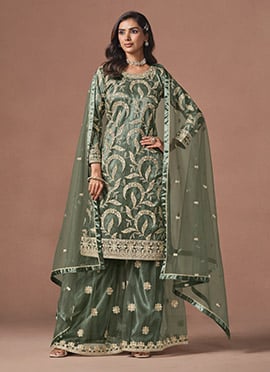 Sage Olive Green Rose Pink Net embroidered Sequins Palazzo Suit