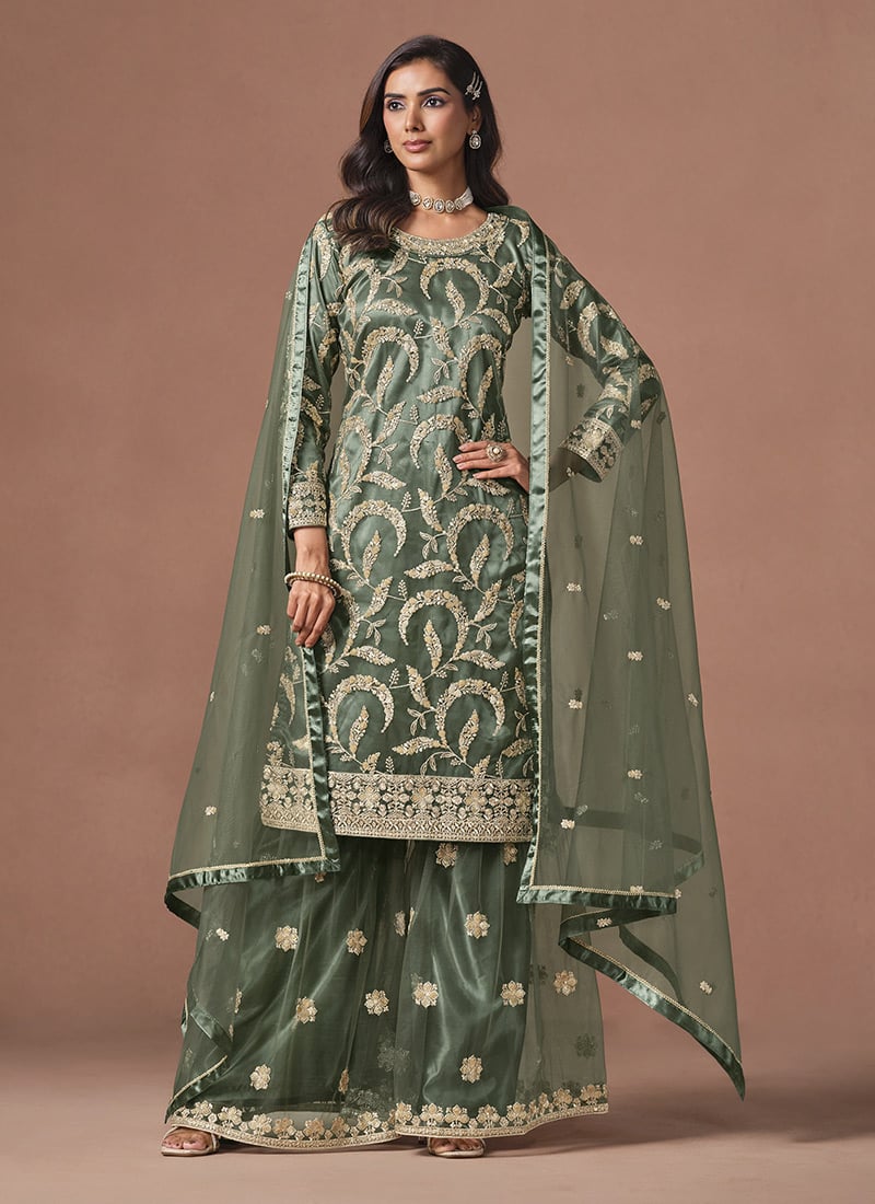 Sage Olive Green Rose Pink Net embroidered Sequins Palazzo Suit Festive Wear