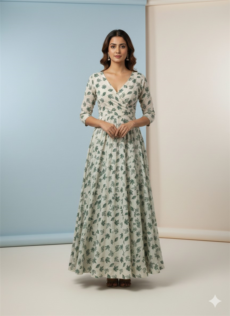 Sage Silk Cotton Printed Maxi Dress Party Wear