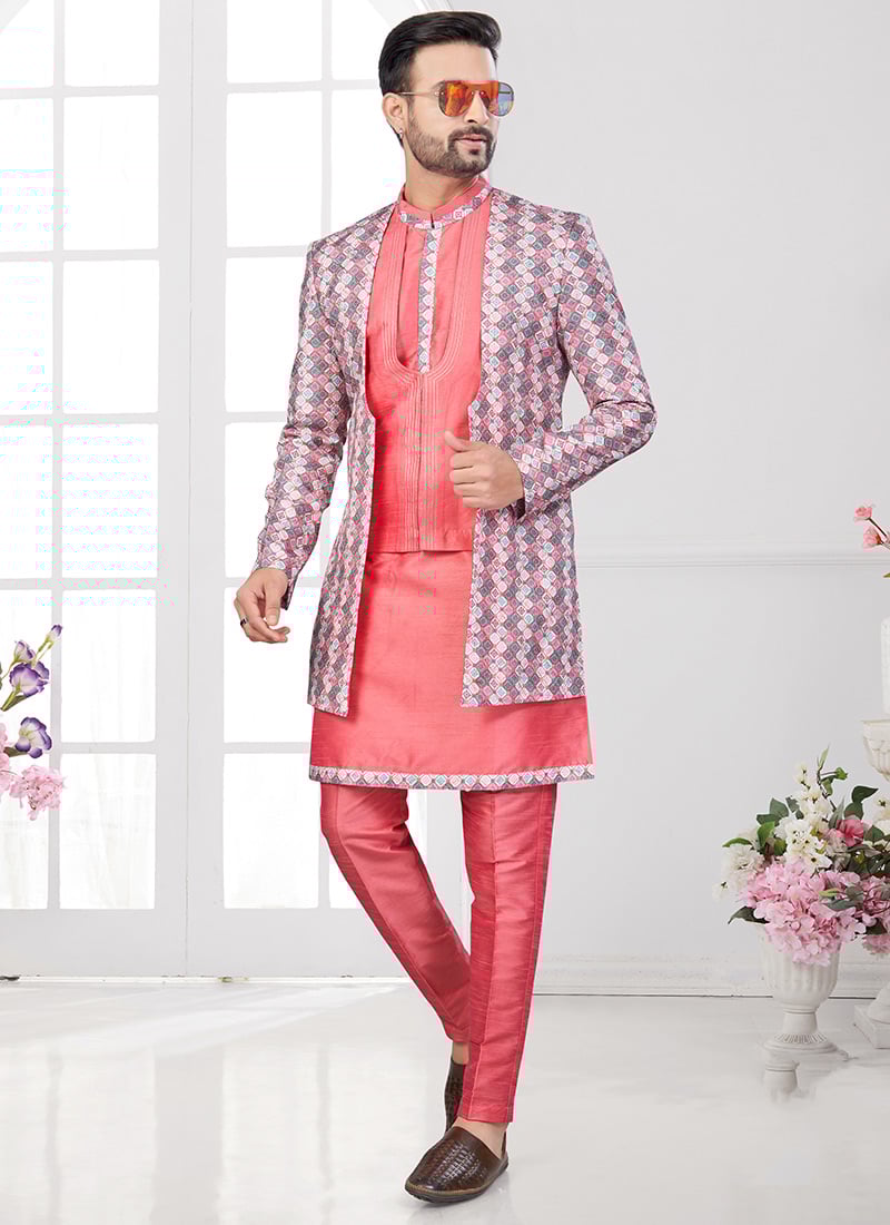 Salmon Banarasi Silk Digital Print Indowestern Sherwani