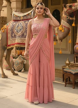 Salmon Pink Georgette Hand Embroidered Sequins With Beads Work Pre Draped Sharara Saree