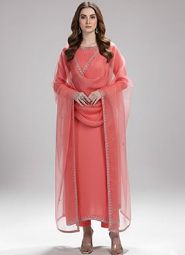 Salmon Pink Satin Sequins Hand Embroidery Anarkali Suit