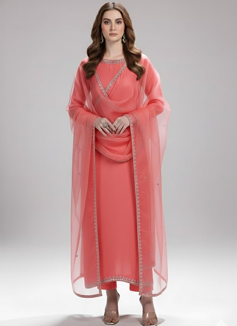 Salmon Pink Satin Sequins Hand Embroidery Anarkali Suit