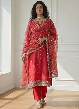 Salmon Pink Shimmer Organza Embroidered Sequins Straight Pant Suit