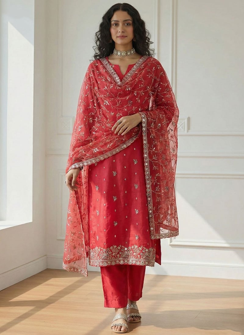 Salmon Pink Shimmer Organza Embroidered Sequins Straight Pant Suit Festive Wear