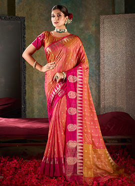 Salmon Pink Shimmer Tussar Silk Jacquard Zari Saree