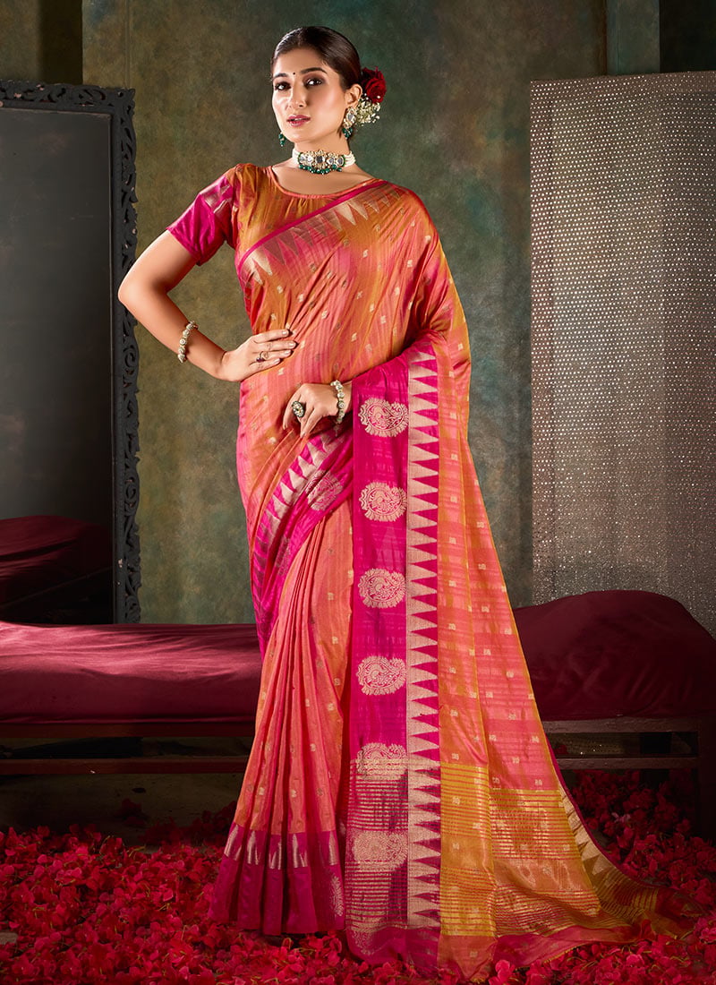 Salmon Pink Shimmer Tussar Silk Jacquard Zari Saree Festive Wear