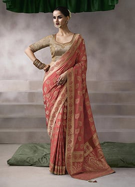 Salmon Pink Silk Zari Embroidered Sequins Jacquard Saree