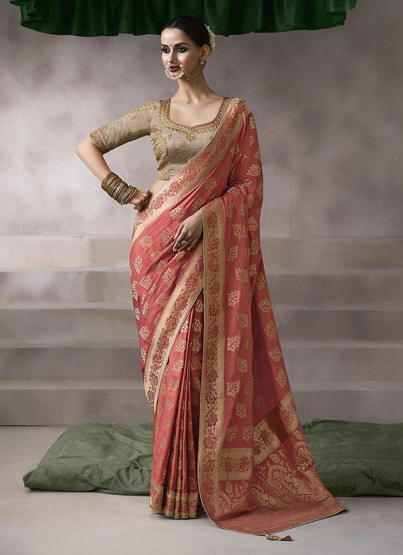 Salmon Pink Silk Zari Embroidered Sequins Jacquard Saree Festive Wear