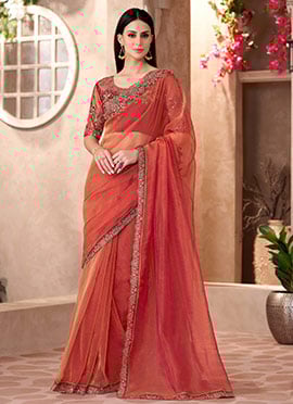 Salmon Pink Tissue Embroidered Sequins Cut Work Saree