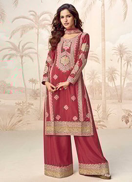 Salmon Red  Chinon Silk Embroidered Sequins Palazzo Suit