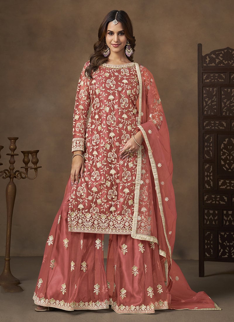 Samon Pink Net Sequins Embroidered Palazzo Suit Festive Wear