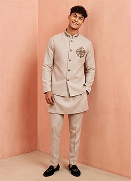 Sand Premium Linen Embroidered Sequins Kurta Pyjama With Jacket
