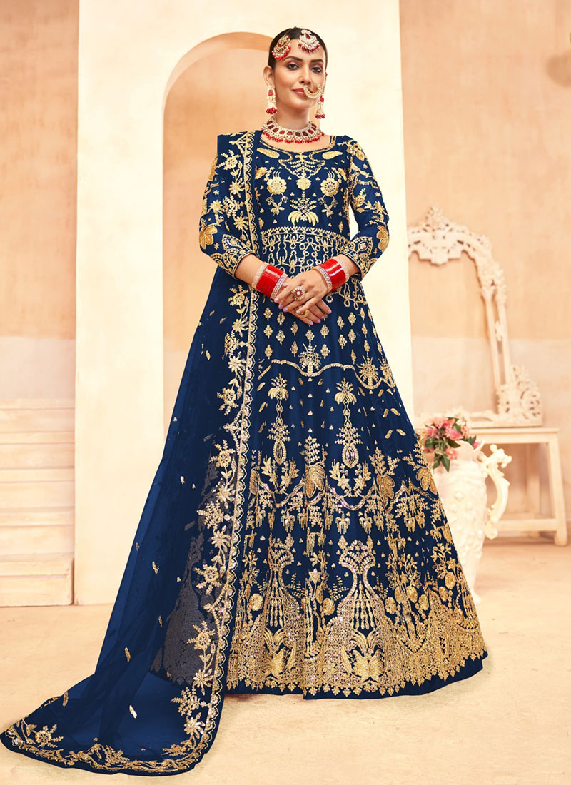 Sapphire Blue Net Embroidered Sequins Anarkali Suit Festive Wear