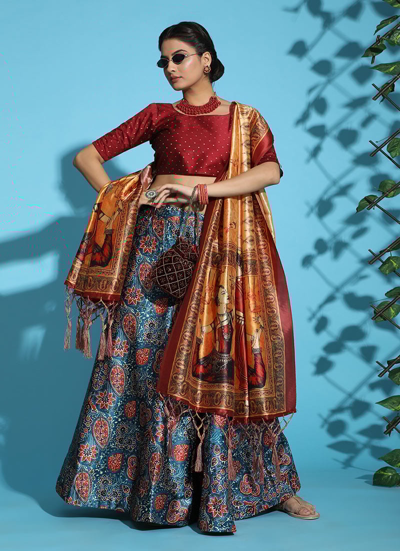 Satin Blend Printed Umbrella Lehenga Festive Wear