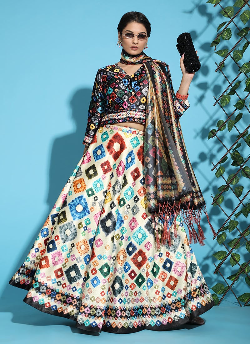 Satin Blend Printed Umbrella Lehenga