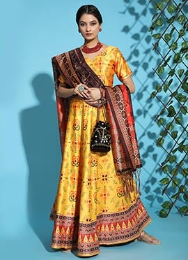 Satin Blend Printed Umbrella Lehenga