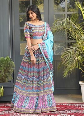 Satin Silk Digital Printed Work Multicolor Umbrella Lehenga