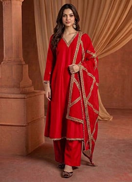 Scarlet Red Silk Zari Sequins Palazzo Suit