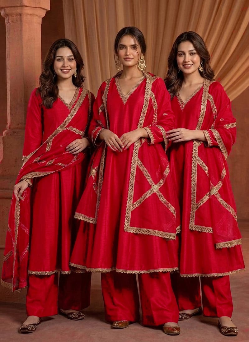Scarlet Red Silk Zari Sequins Palazzo Suit Festive Wear