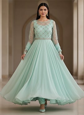 Sea Blue Embroidered Georgette Anarkali Suit
