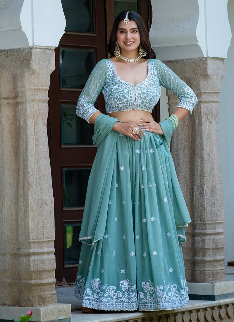 Sea Blue Georgette Embroidered Sequins Lehenga After Six Wear
