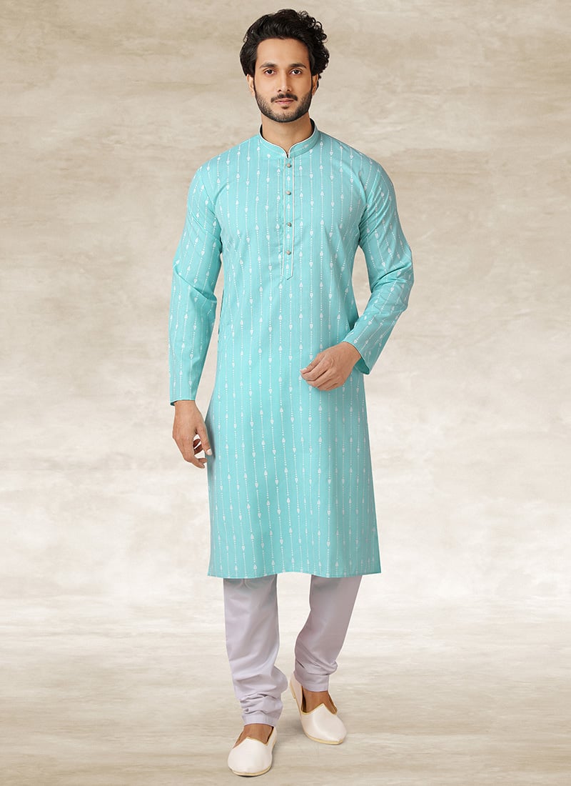 Sea Blue Handloom Cotton Printed Kurta Pyjama