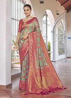 Sea Blue Jacquard Banarasi Silk Saree