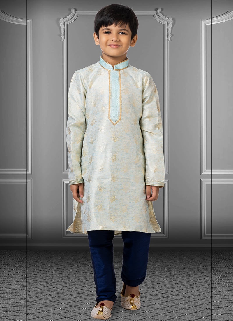 Sea Blue Linen Silk Boys Kurta Pyjama