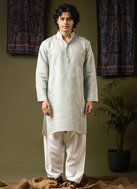 Sea Blue Silk Blend Thread And Sequins Crafted Kurta Pyjama