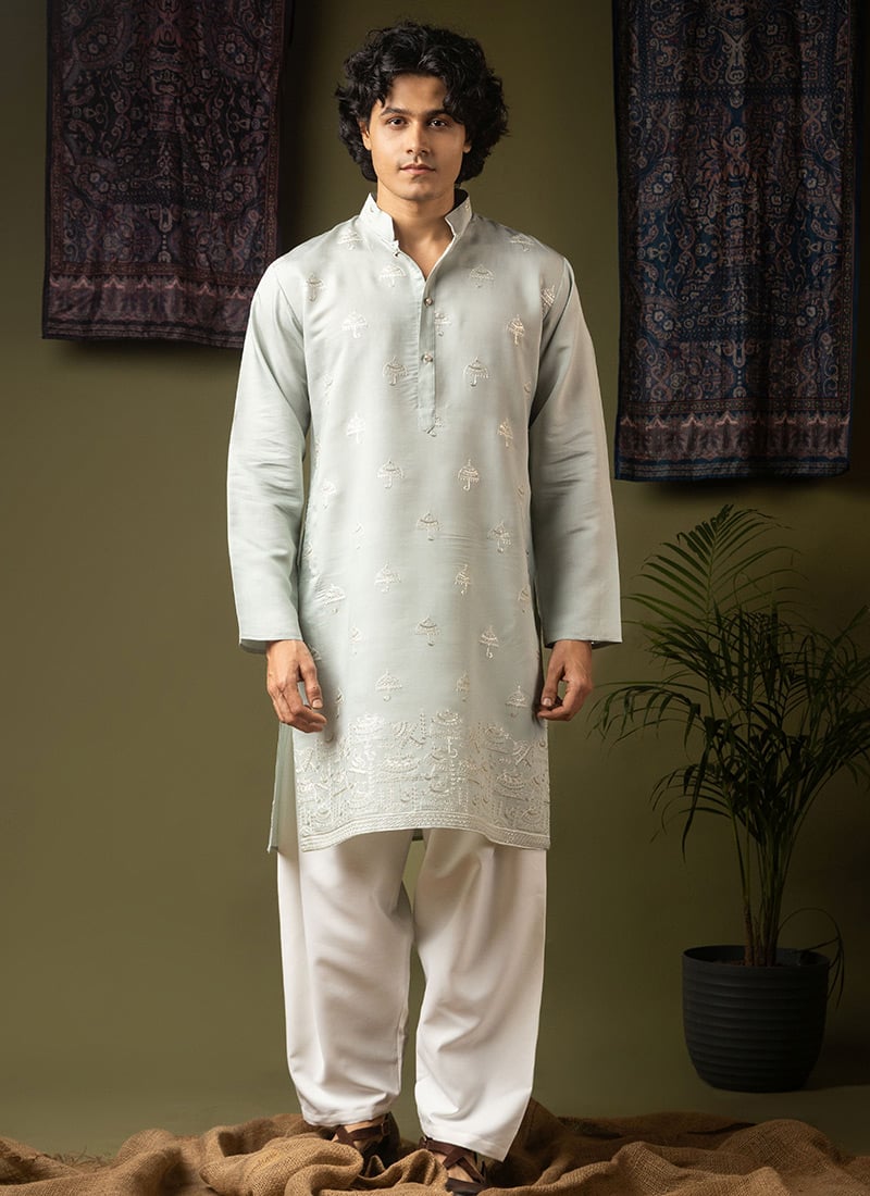Sea Blue Silk Blend Thread And Sequins Crafted Kurta Pyjama Festive Wear