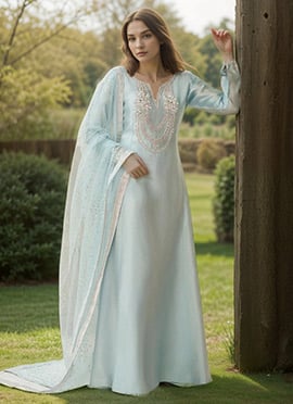 Sea Blue Silk Cut Dana Hand Embroidered Zarkan Anarkali Suit