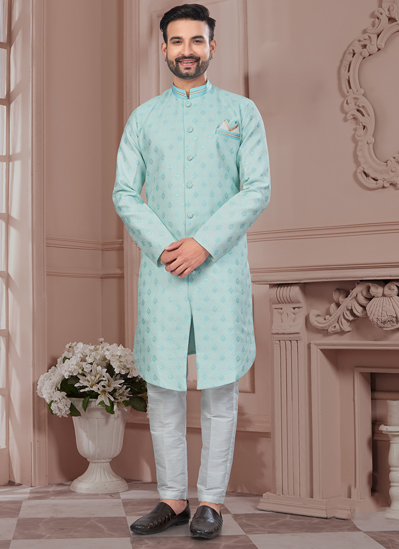 Sea Blue Thread Sequins Jacquard Silk Indowestern Sherwani Regal Occasions