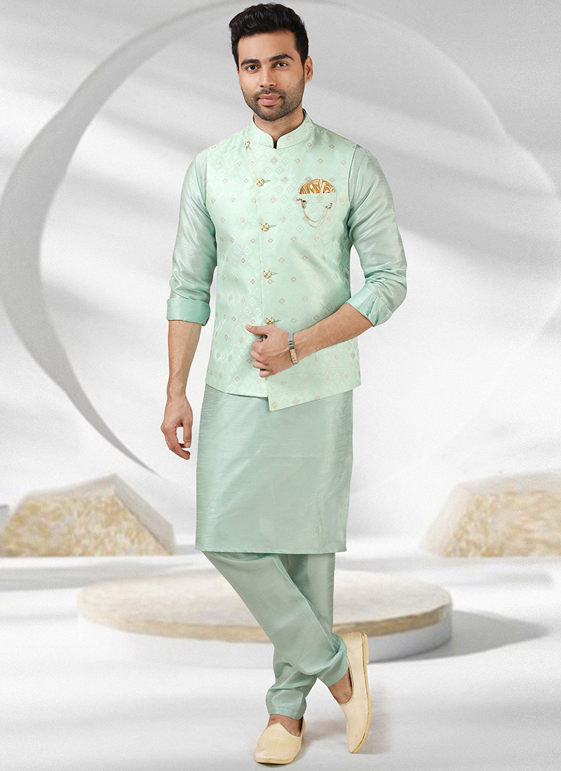 Sea Green Art Banarasi Silk Jacquard Bandi Set Party Wear