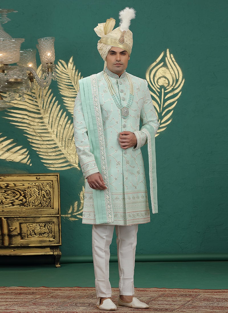 Sea Green Art Silk Sequins Thread Hand Embroidered Indowestern Sherwani Wedding Wear