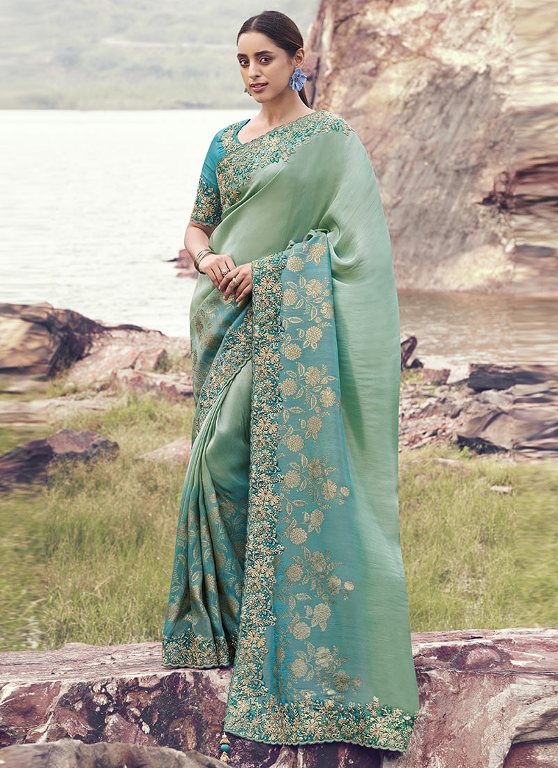 Sea Green Bagalpuri Tissue Silk Sequins Embroidered Stones Jacquard Thread Saree Festive Wear
