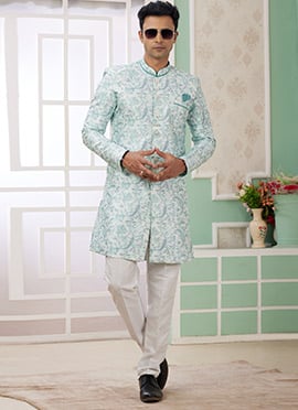Sea Green Banarasi Jacquard Digital Print Indowestern Sherwani
