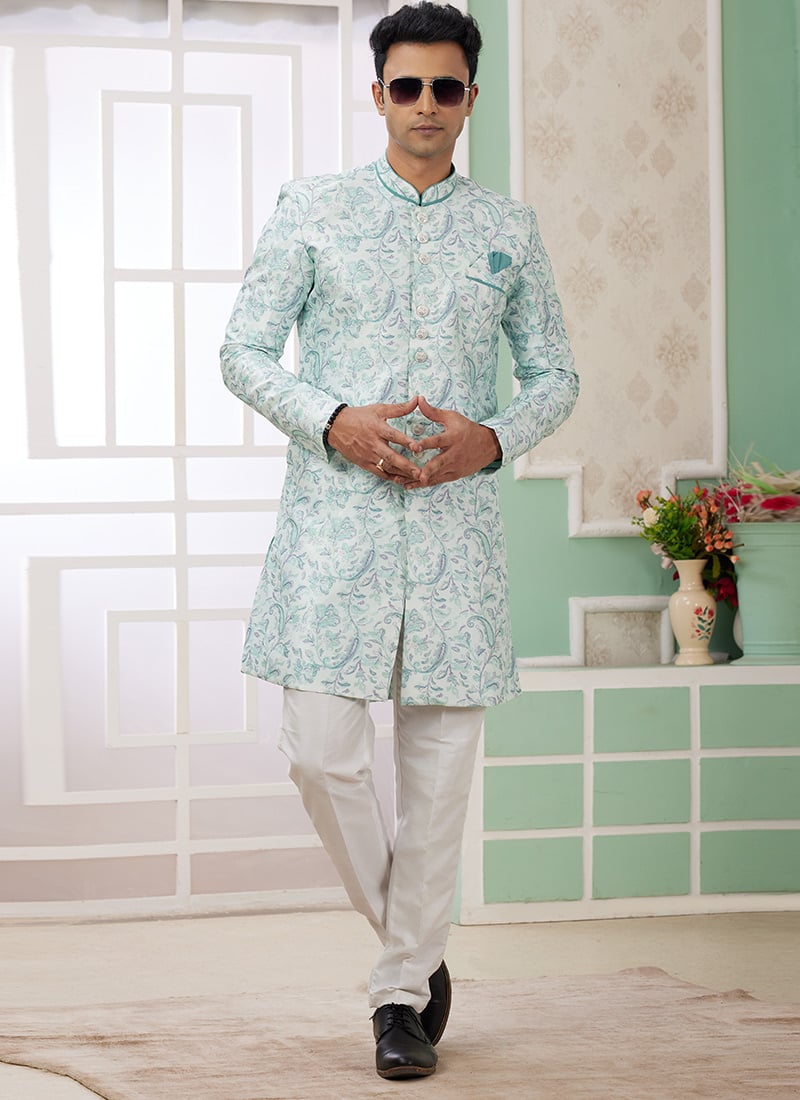 Sea Green Banarasi Jacquard Digital Print Indowestern Sherwani Festive Wear