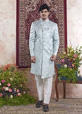 Sea Green Banarasi Jacquard Indowestern Sherwani