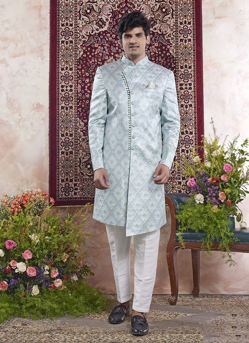 Sea Green Banarasi Jacquard Indowestern Sherwani Wedding Wear